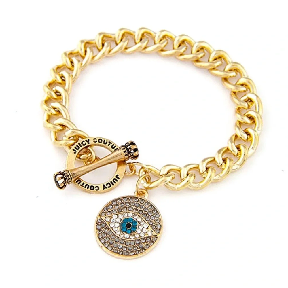 Juicy Couture Gold Chain Crystal Evil Eye Pendant Bracelet NWOT - Picture 3 of 6
